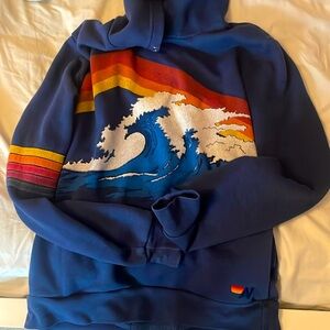 RARE AviatorNation hoodie blue, rainbow sleeve, wave on front, fluffyinside